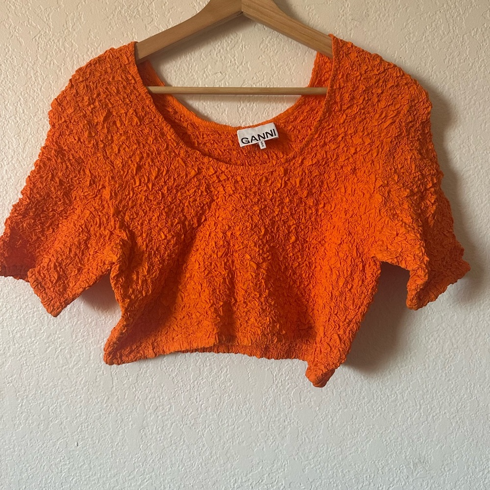 Ganni Cotton Poplin O Neck Shirred Crop Top in Orange - Size 44 XL - Picture 3 of 10